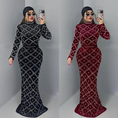 Fashion Women's Elegant Rhinestone Beaded Top and Long Dress Two-Piece Set