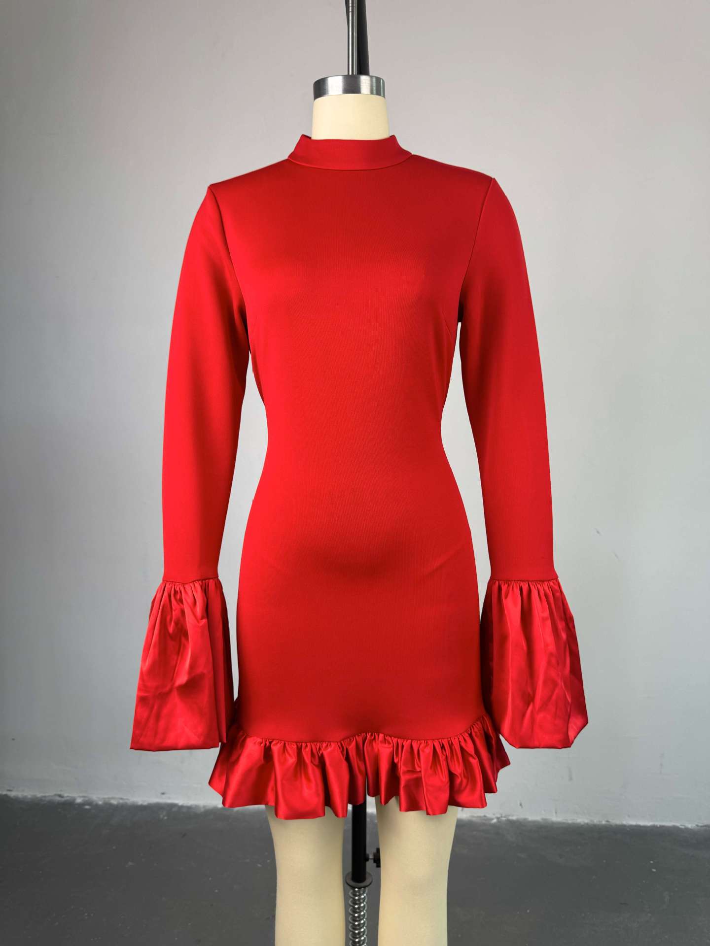 High-Neck Flared Sleeve High-Waisted Ruffle Fit-and-Flare Dress for Women