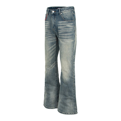 Washed Distressed Cat Eye Denim Pants with Red Thread Pocket Embroidery