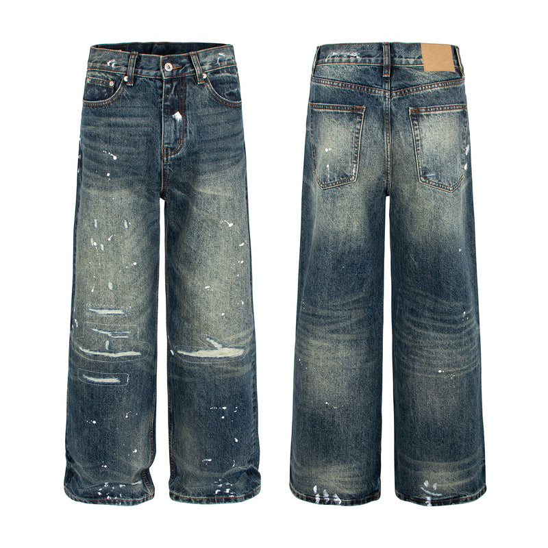 American Vintage Distressed Jeans with Catwhisker Hand-Sanded Rips, Unisex Straight Loose Casual Pants