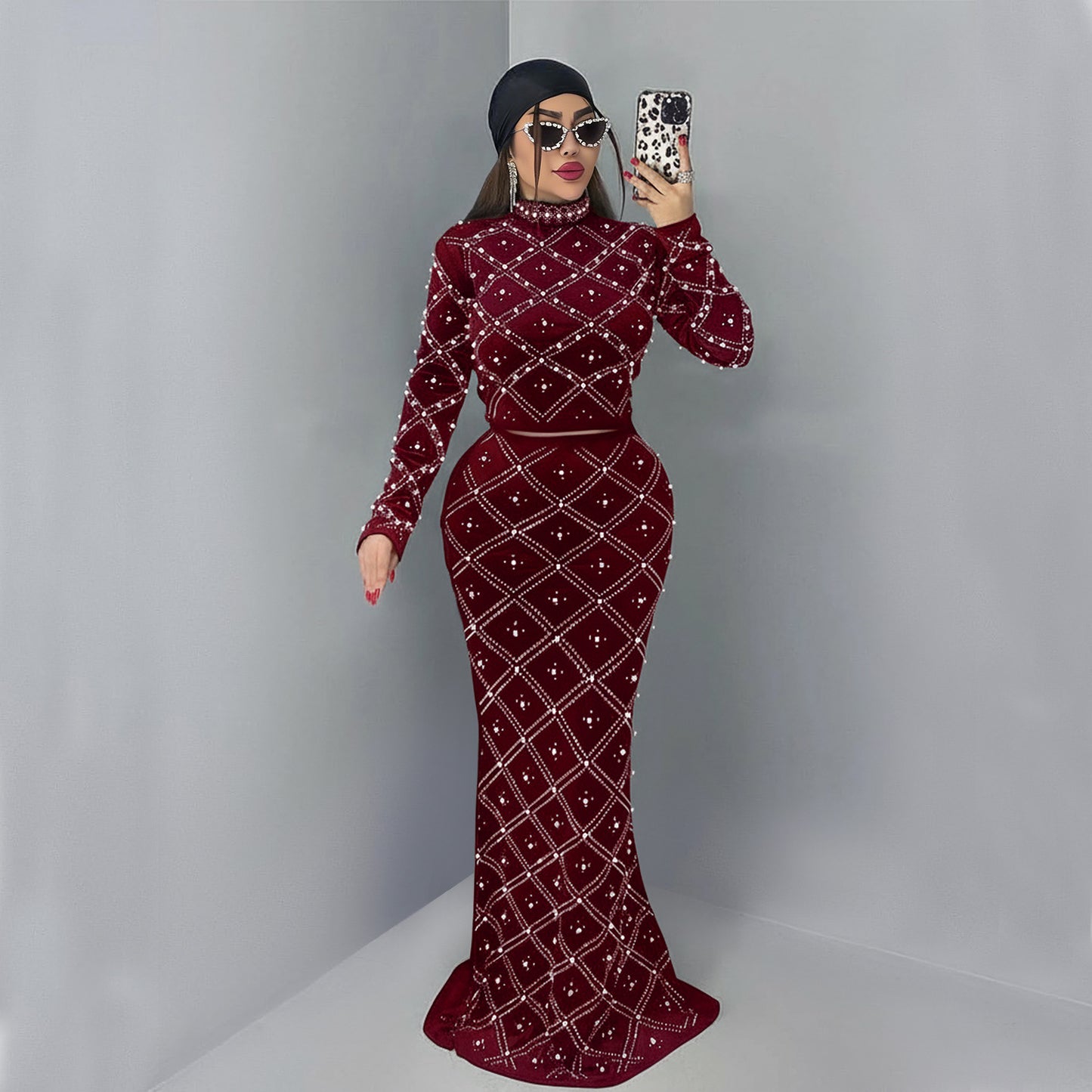 Fashion Women's Elegant Rhinestone Beaded Top and Long Dress Two-Piece Set