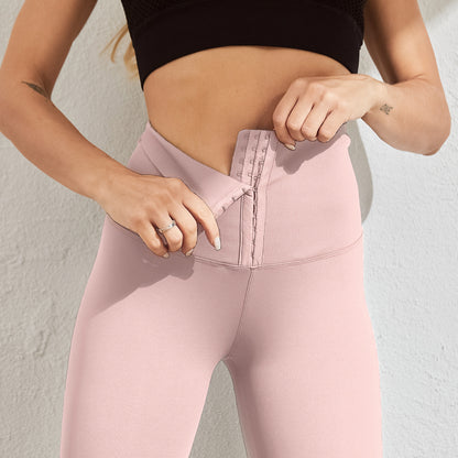 Women's High-Waist Sports Tummy Control Skinny Pants with Outer Snap Button Waistband