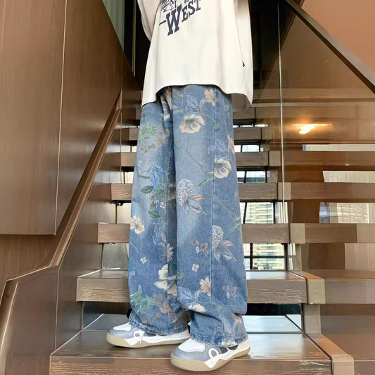 Street Print Denim Pants Men Autumn Trendy Vibe Style Loose Versatile Design Floor-Length Wide Leg Pants