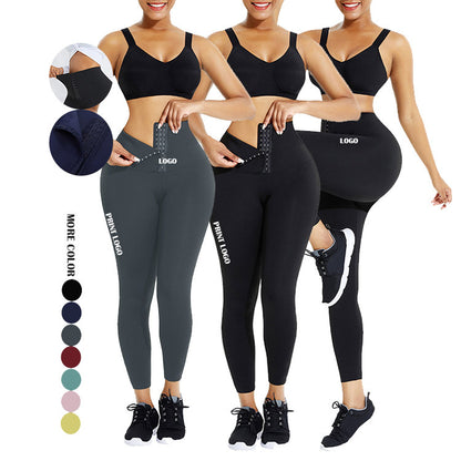 Women's High-Waist Sports Tummy Control Skinny Pants with Outer Snap Button Waistband