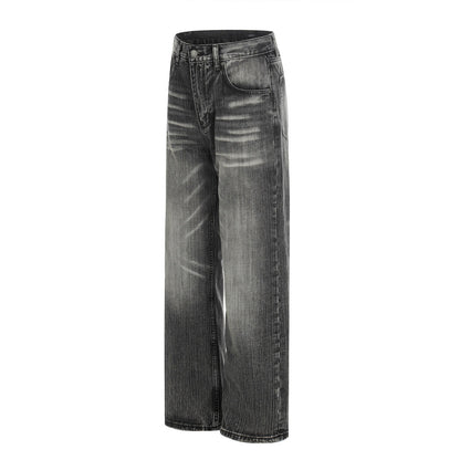Washed and ground white denim straight leg pants