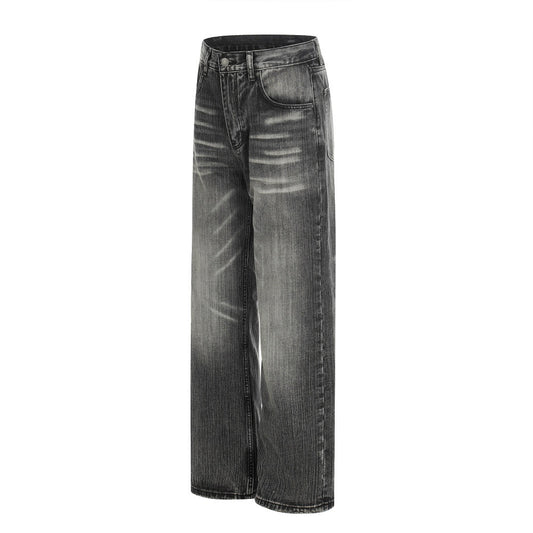 Washed and ground white denim straight leg pants