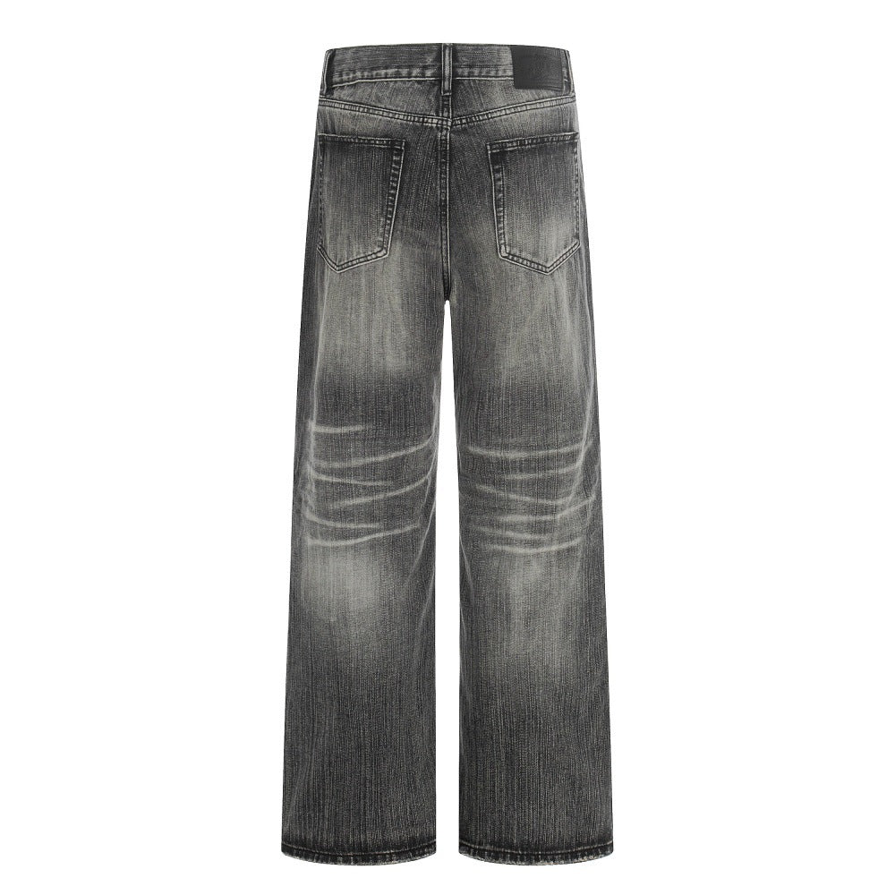 Washed and ground white denim straight leg pants