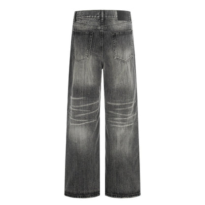 Washed and ground white denim straight leg pants