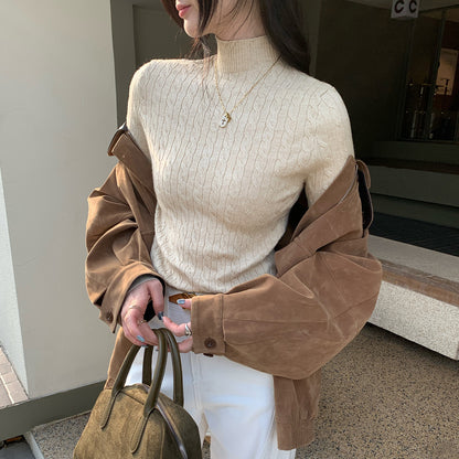 Chic Gray Cable Knit Crewneck Sweater Top for Women,  Slim Fit Short Length Underwear Shirt