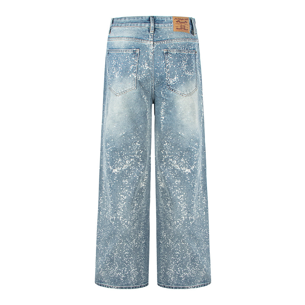 Starry Sky Painted Design Denim Pants with Rhinestones
