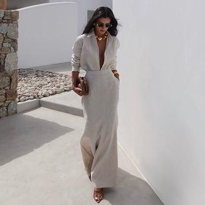 Women's Long Sleeve Collar Shirt with High Waist Slim Fit Skirt Two-Piece Set