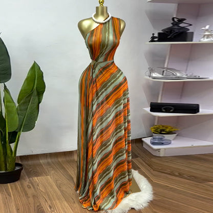 Stripe Off-Shoulder High-Waisted A-Line Dress for Women