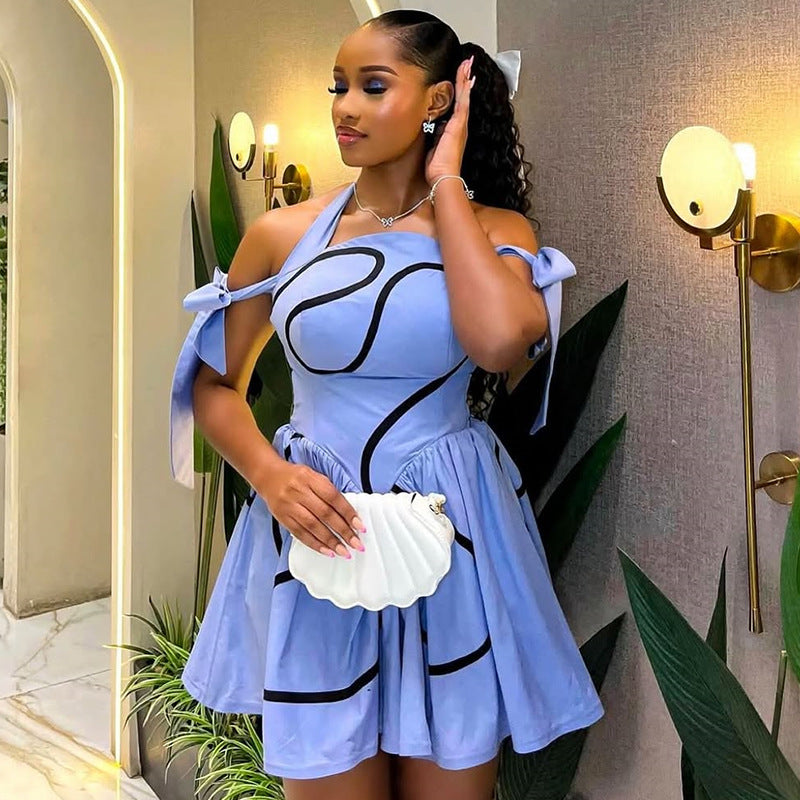 Hanging neck printed lace up off shoulder high waisted pleated dress