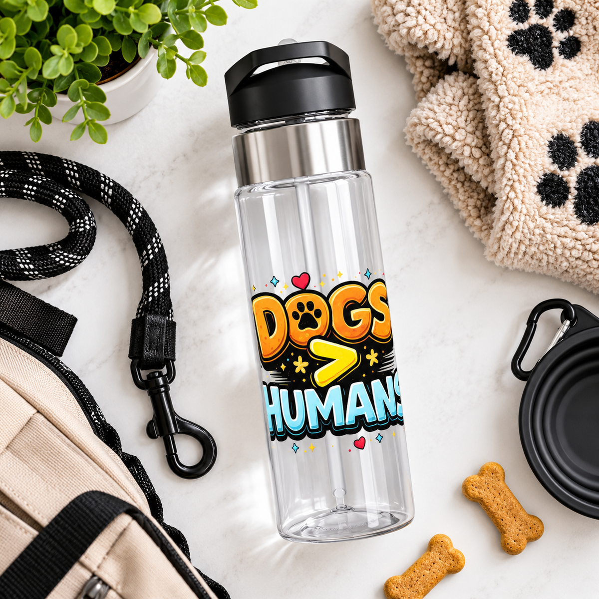 Sport Bottle - “Dogs > Humans” Cute Paw Print Water Bottle (20oz)