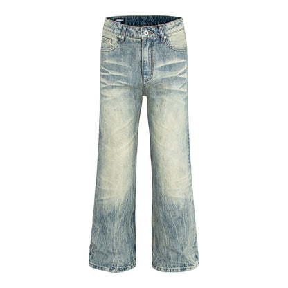Washed Vintage Catwhisker Denim Pants with Lightning Pattern