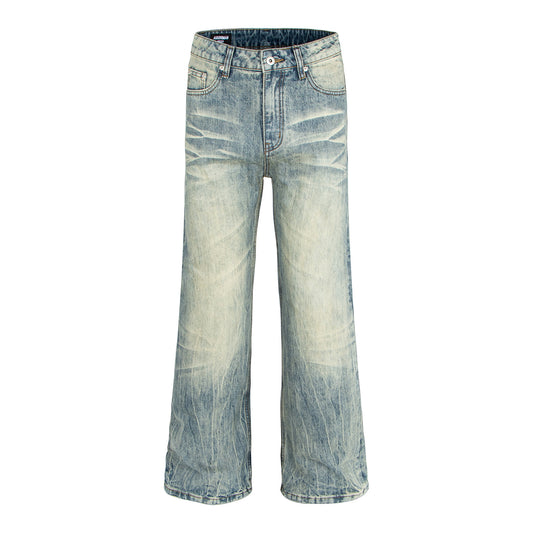 Washed Vintage Catwhisker Denim Pants with Lightning Pattern