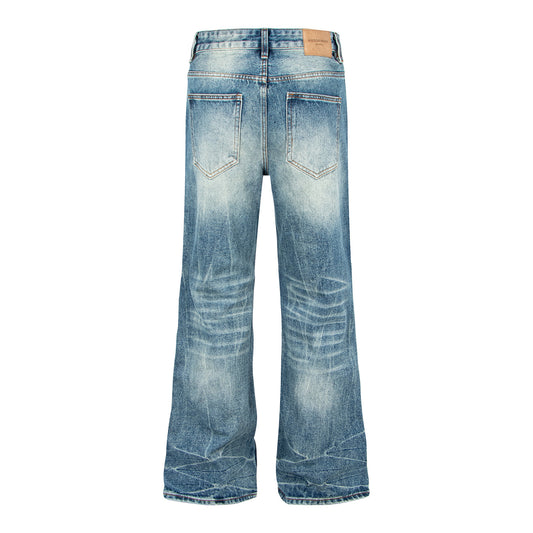 Retro Distressed Cat-Whisker Bamboo Stripe Flared Jeans with Lightning Pattern High-Waisted
