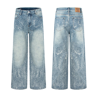 Starry Sky Painted Design Denim Pants with Rhinestones