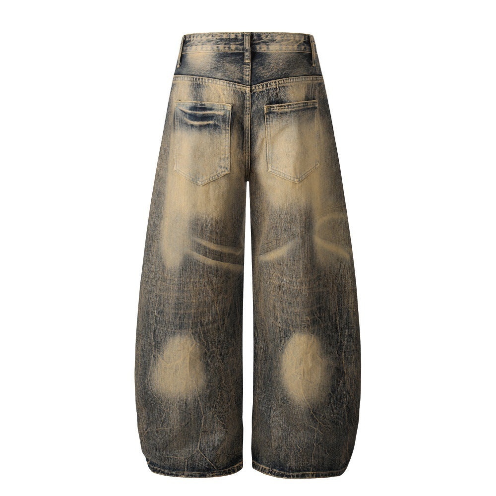 Color blocking white yellow mud dyed denim curved knife pants