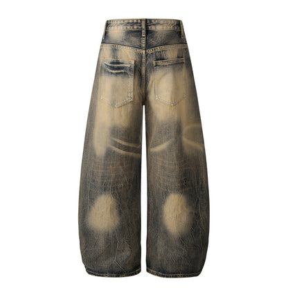 Color blocking white yellow mud dyed denim curved knife pants