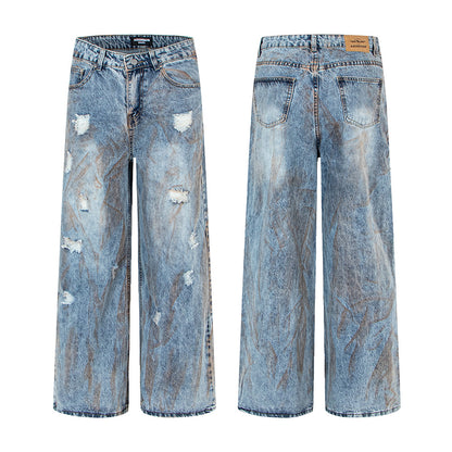 Washed Denim Pants with Dirty Fit, Oversized Straight Leg