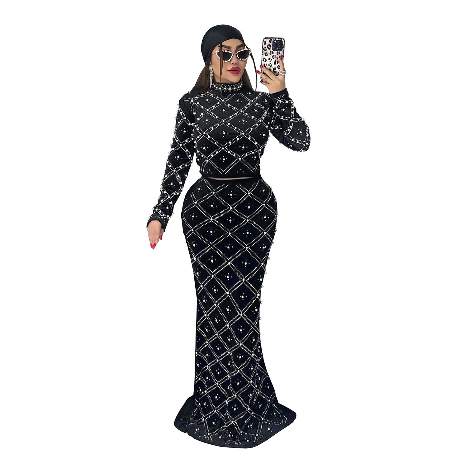 Fashion Women's Elegant Rhinestone Beaded Top and Long Dress Two-Piece Set