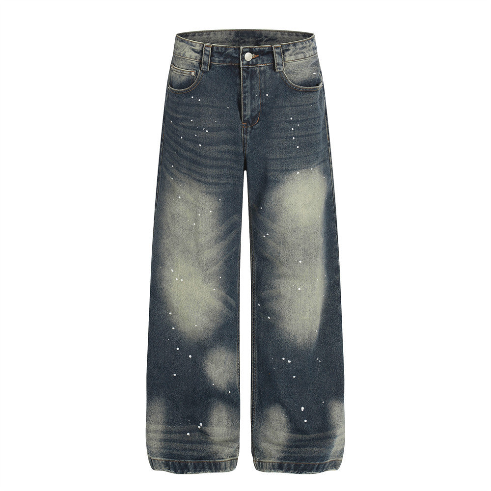 Color blocked white denim straight leg pants