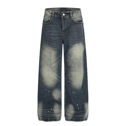 Color blocked white denim straight leg pants