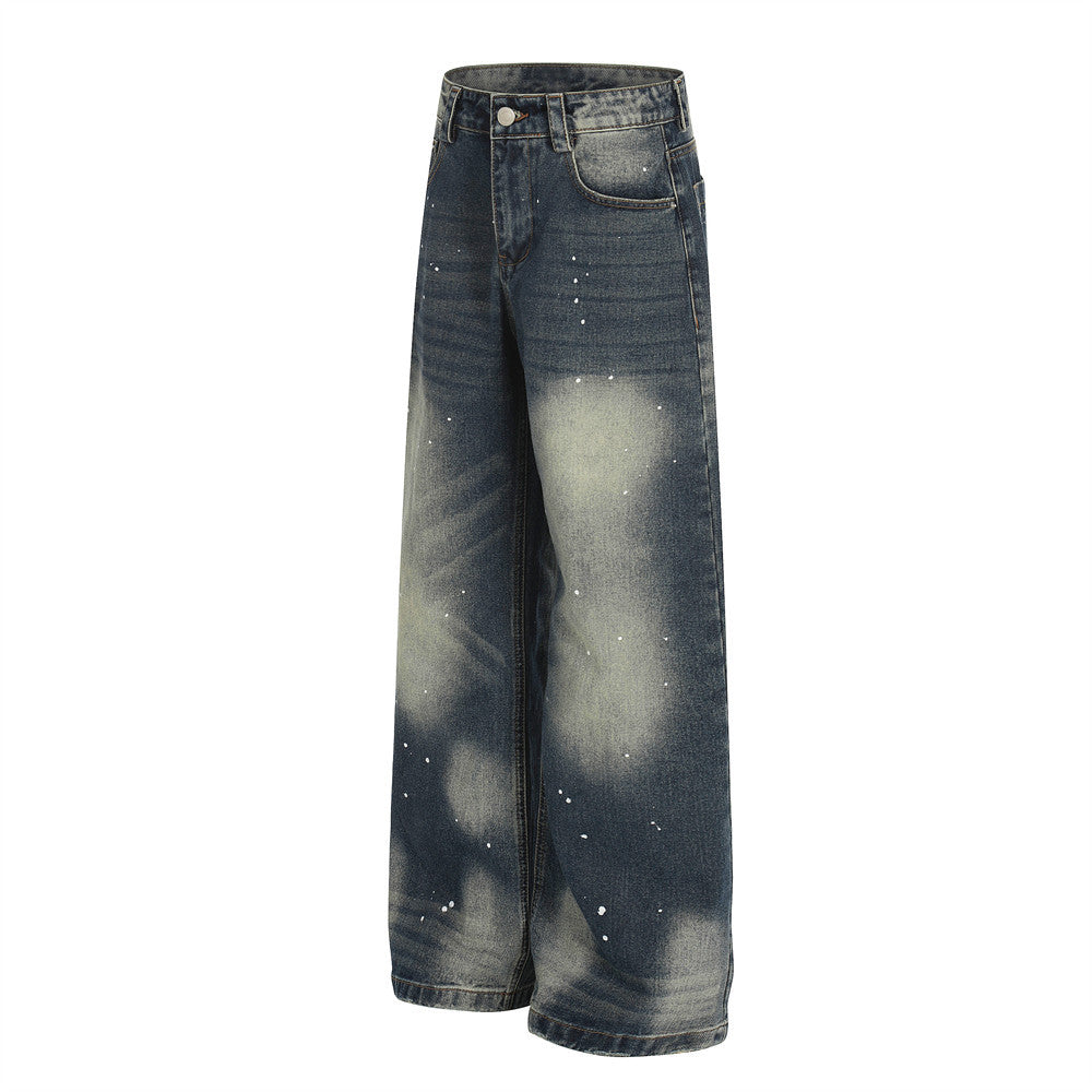 Color blocked white denim straight leg pants