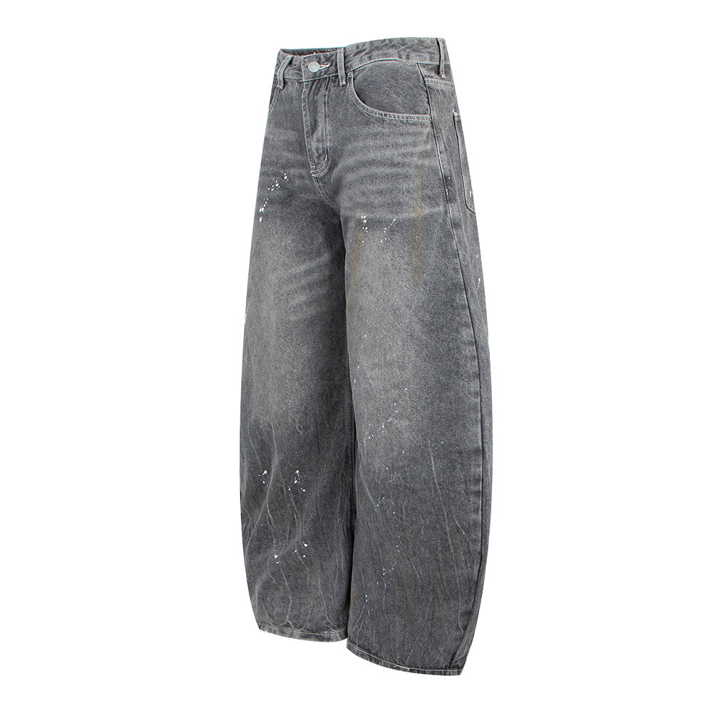Vintage Washed White and Gray Splatter Design Wide Leg Jeans