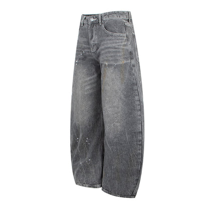 Vintage Washed White and Gray Splatter Design Wide Leg Jeans