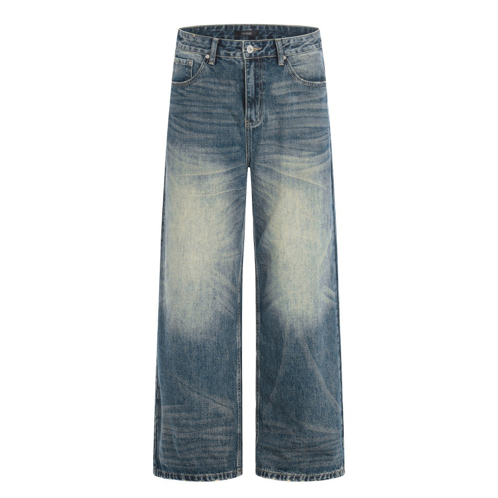 Grinding white washed denim straight leg pants