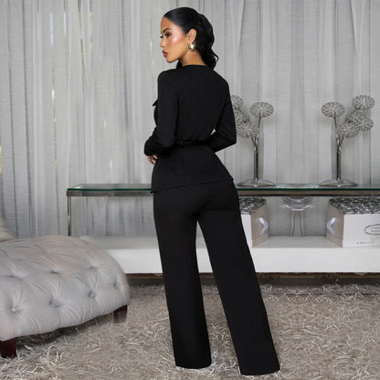 Fashionable Women's Slimming Belted Top and Pants Set