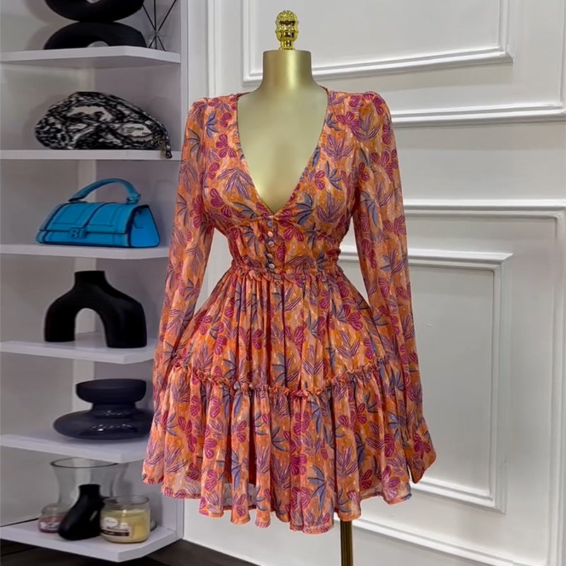 V-neck high waist slimming dress short skirt