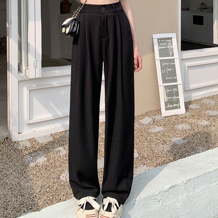 Black Loose Wide-Leg Pants for Women High Waist Elastic Waist Slimming Casual Trousers Summer Long Pants with Drapey Fabric Trendy Style
