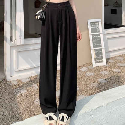 Black Loose Wide-Leg Pants for Women High Waist Elastic Waist Slimming Casual Trousers Summer Long Pants with Drapey Fabric Trendy Style