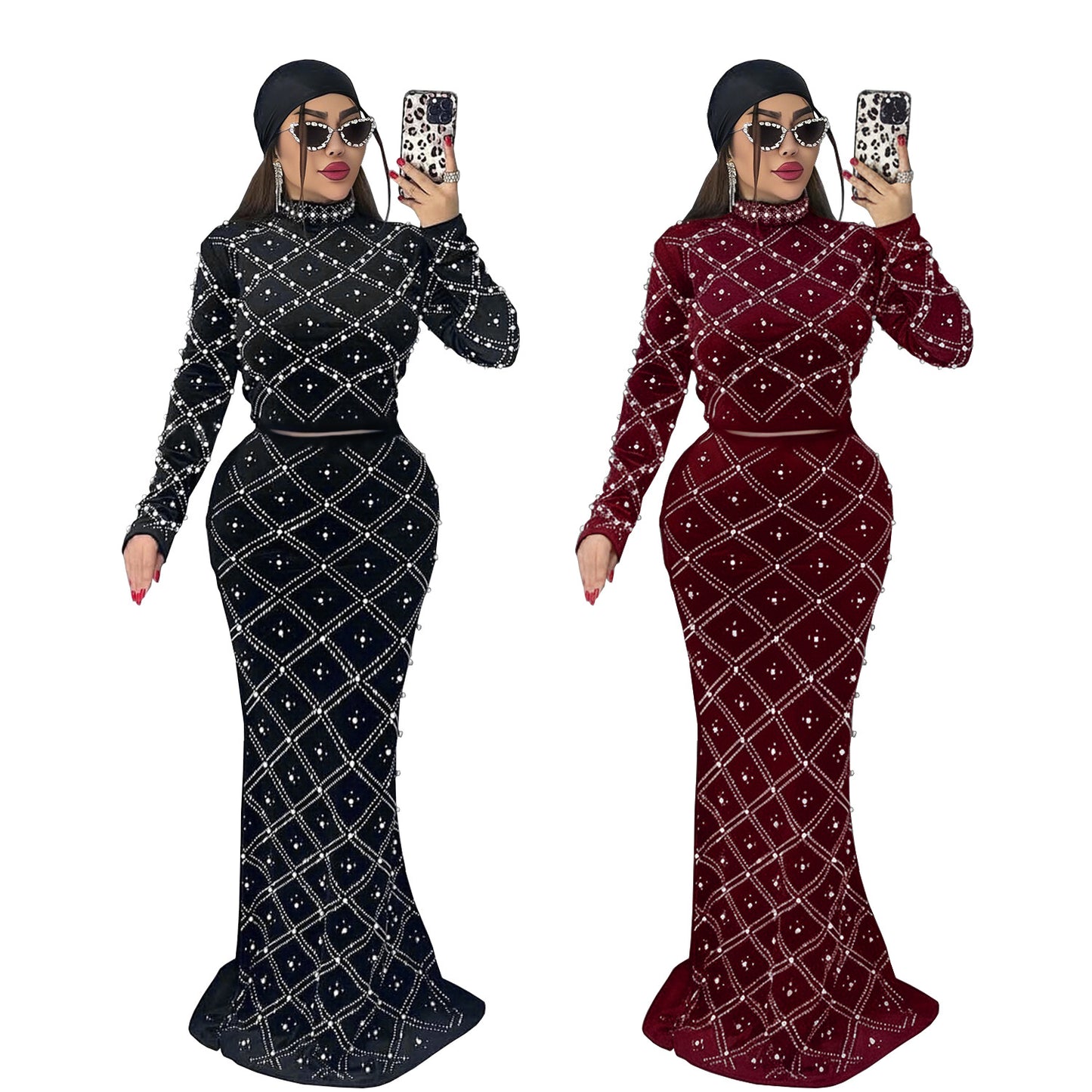 Fashion Women's Elegant Rhinestone Beaded Top and Long Dress Two-Piece Set
