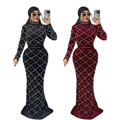 Fashion Women's Elegant Rhinestone Beaded Top and Long Dress Two-Piece Set