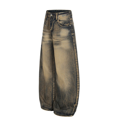 Color blocking white yellow mud dyed denim curved knife pants