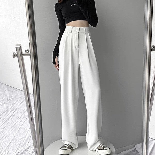Black Loose Wide-Leg Pants for Women High Waist Elastic Waist Slimming Casual Trousers Summer Long Pants with Drapey Fabric Trendy Style