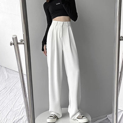 Black Loose Wide-Leg Pants for Women High Waist Elastic Waist Slimming Casual Trousers Summer Long Pants with Drapey Fabric Trendy Style