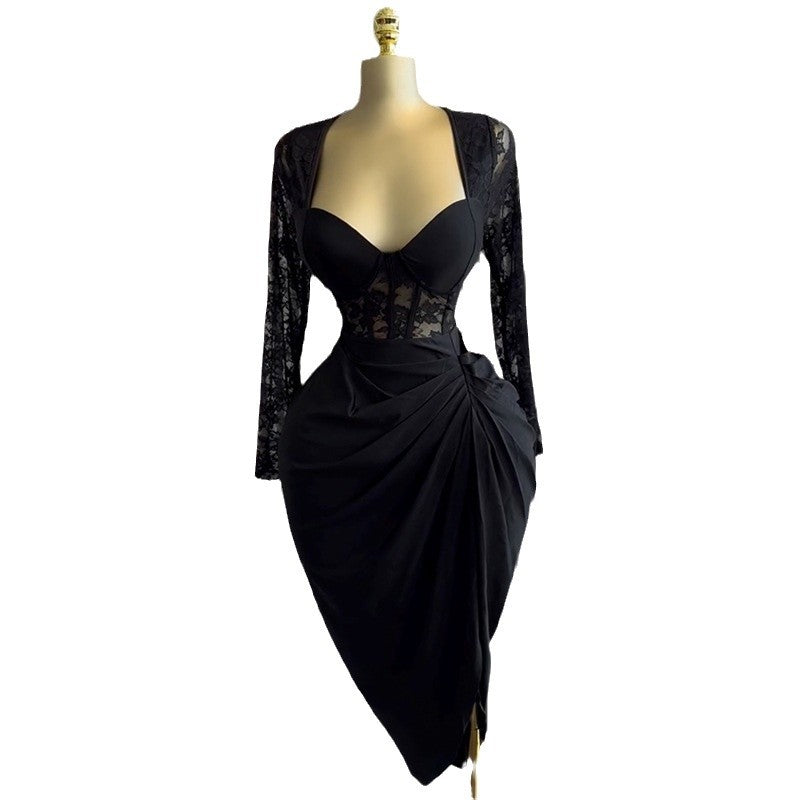 Square collar lace long sleeved high waisted mid length dress