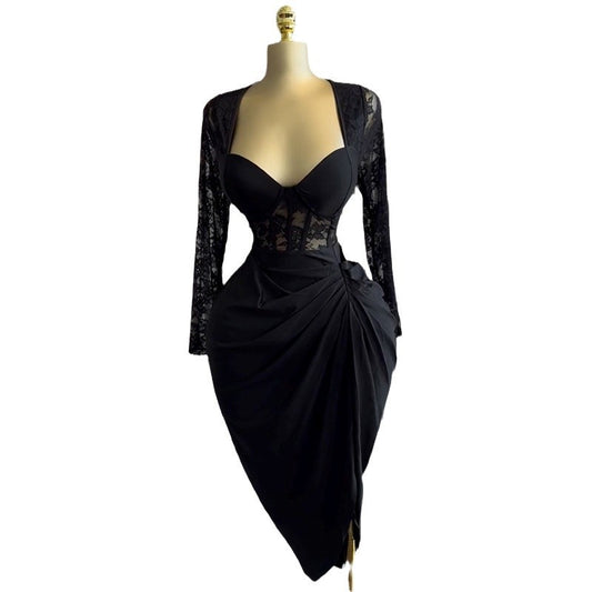 Square collar lace long sleeved high waisted mid length dress