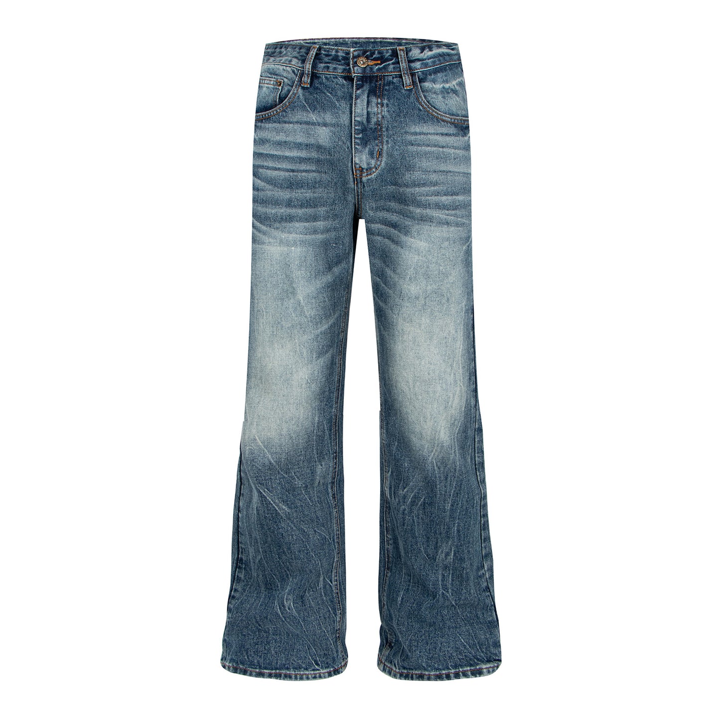 Washed Catwhisker Lightning Pattern Denim Pants
