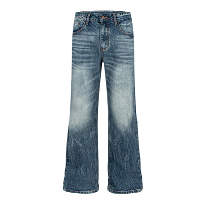 Washed Catwhisker Lightning Pattern Denim Pants