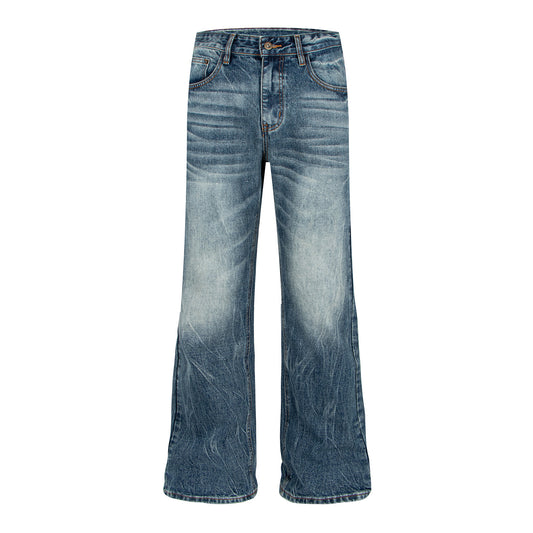Washed Catwhisker Lightning Pattern Denim Pants