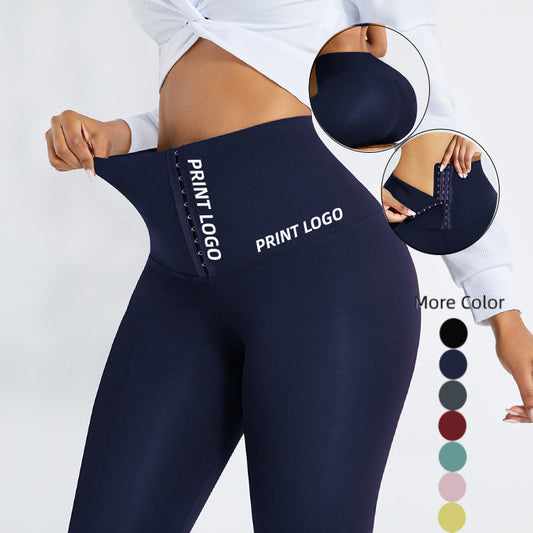 Women's High-Waist Sports Tummy Control Skinny Pants with Outer Snap Button Waistband