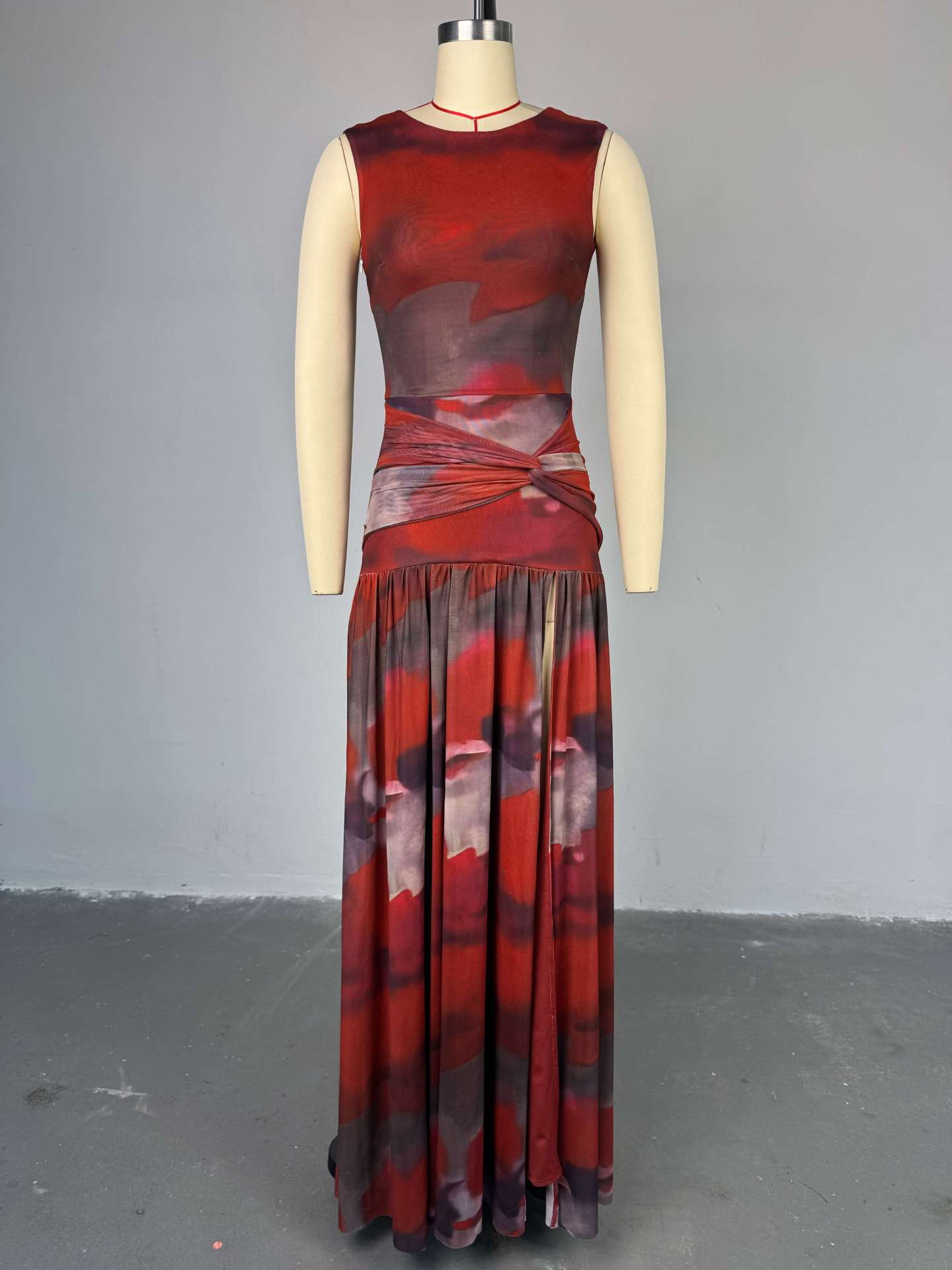 Round Neck High Waist Split Midi Dress