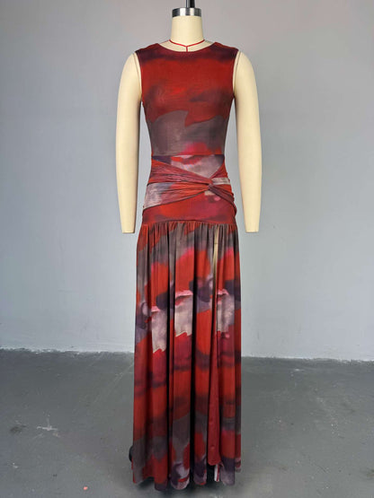 Round Neck High Waist Split Midi Dress