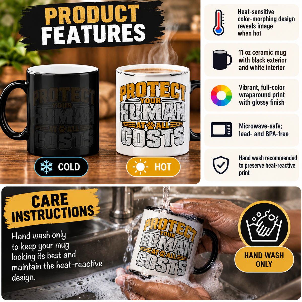 "Protect Your Human at All Costs"  11oz Color Morphing Mug